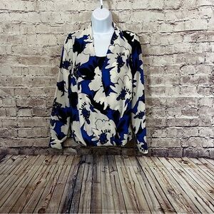 The Limited Blue Floral Faux Wrap Long Sleeve Blouse